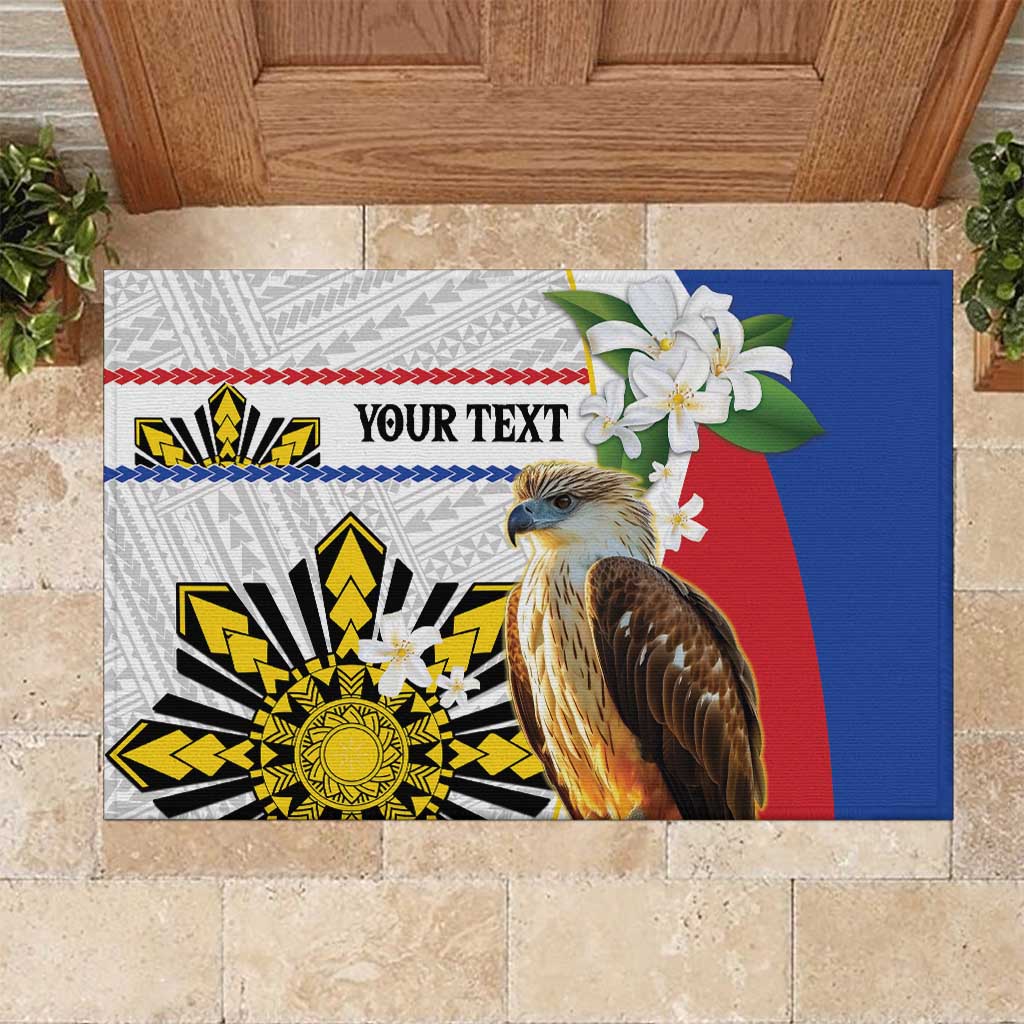 Personalised Philippines Eagle Rubber Doormat Filipino Sun Mix Sampaguita Flower LT14 White - Polynesian Pride
