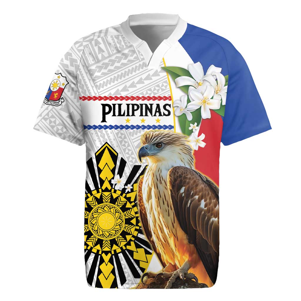 Personalised Philippines Eagle Rugby Jersey Filipino Sun Mix Sampaguita Flower LT14 White - Polynesian Pride