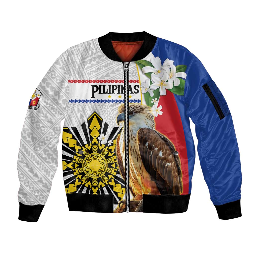 Personalised Philippines Eagle Sleeve Zip Bomber Jacket Filipino Sun Mix Sampaguita Flower LT14 Unisex White - Polynesian Pride