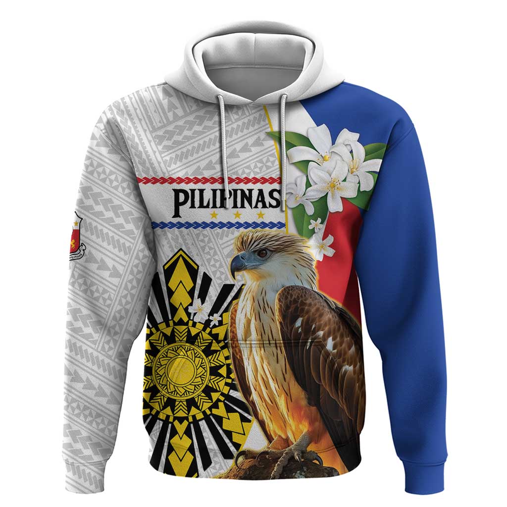 Personalised Philippines Eagle Zip Hoodie Filipino Sun Mix Sampaguita Flower LT14 Pullover Hoodie White - Polynesian Pride