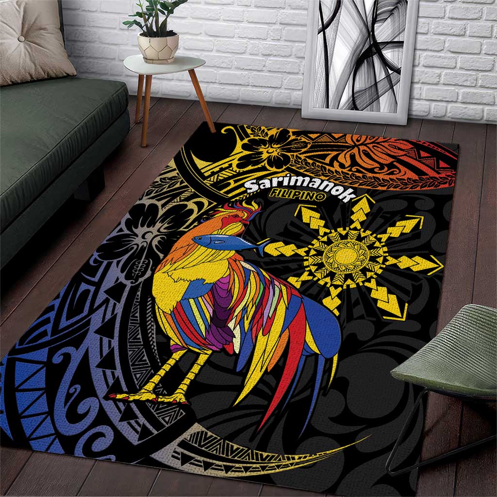 Philippines Sarimanok Area Rug Papanok Legendary Bird Okir Polynesian Pattern LT14 Black - Polynesian Pride