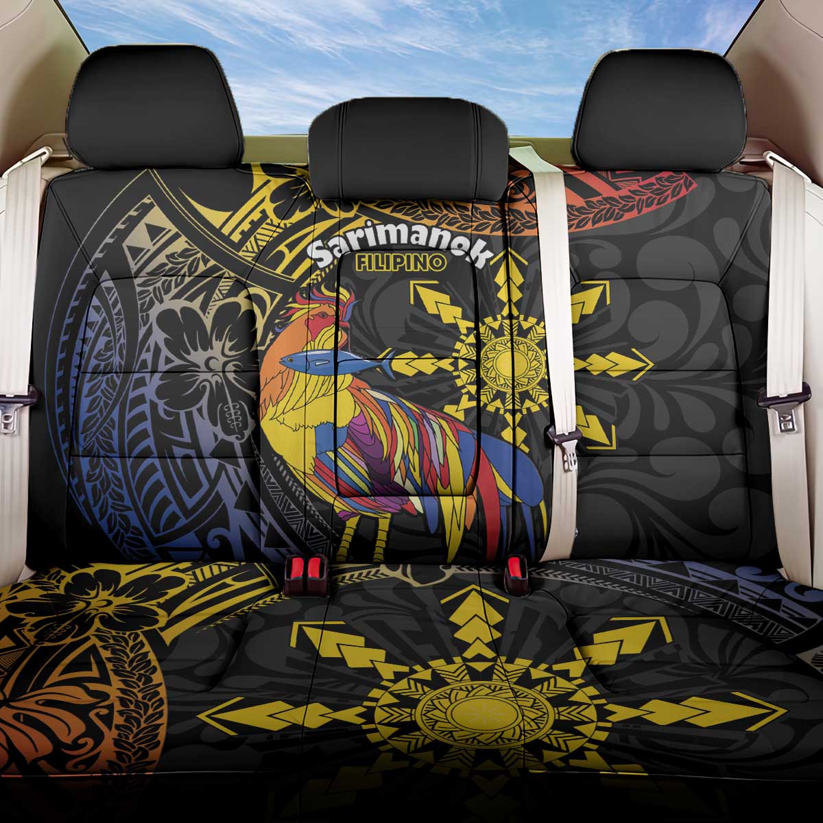 Philippines Sarimanok Back Car Seat Cover Papanok Legendary Bird Okir Polynesian Pattern LT14 One Size Black - Polynesian Pride