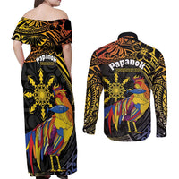 Philippines Sarimanok Couples Matching Off Shoulder Maxi Dress and Long Sleeve Button Shirt Papanok Legendary Bird Okir Polynesian Pattern LT14 - Polynesian Pride
