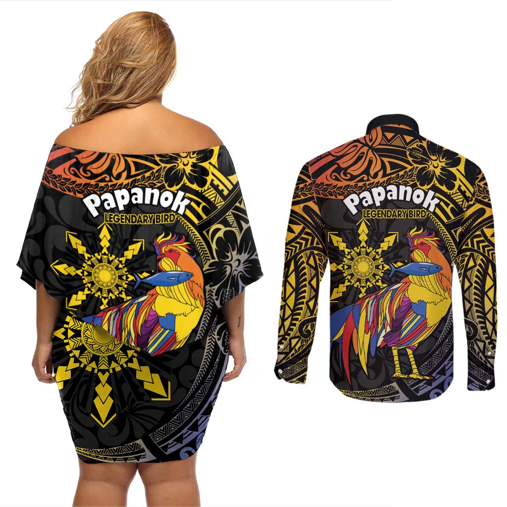 Philippines Sarimanok Couples Matching Off Shoulder Short Dress and Long Sleeve Button Shirt Papanok Legendary Bird Okir Polynesian Pattern LT14 - Polynesian Pride