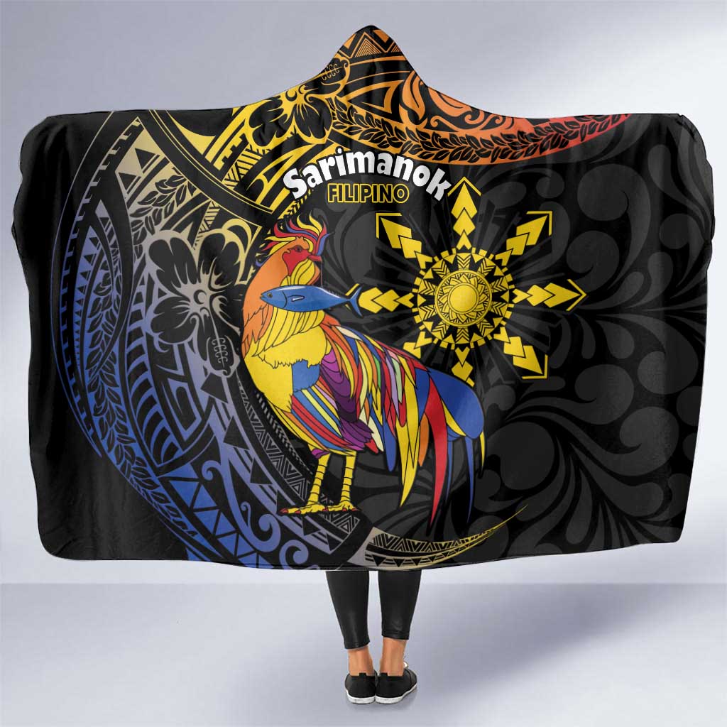 Philippines Sarimanok Hooded Blanket Papanok Legendary Bird Okir Polynesian Pattern LT14 One Size Black - Polynesian Pride