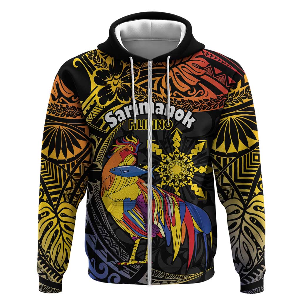 Philippines Sarimanok Hoodie Papanok Legendary Bird Okir Polynesian Pattern LT14 Zip Hoodie Black - Polynesian Pride
