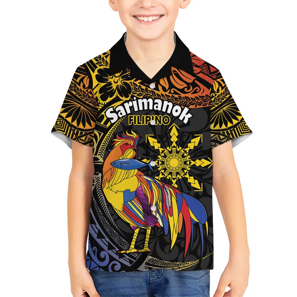 Philippines Sarimanok Kid Hawaiian Shirt Papanok Legendary Bird Okir Polynesian Pattern LT14 Kid Black - Polynesian Pride