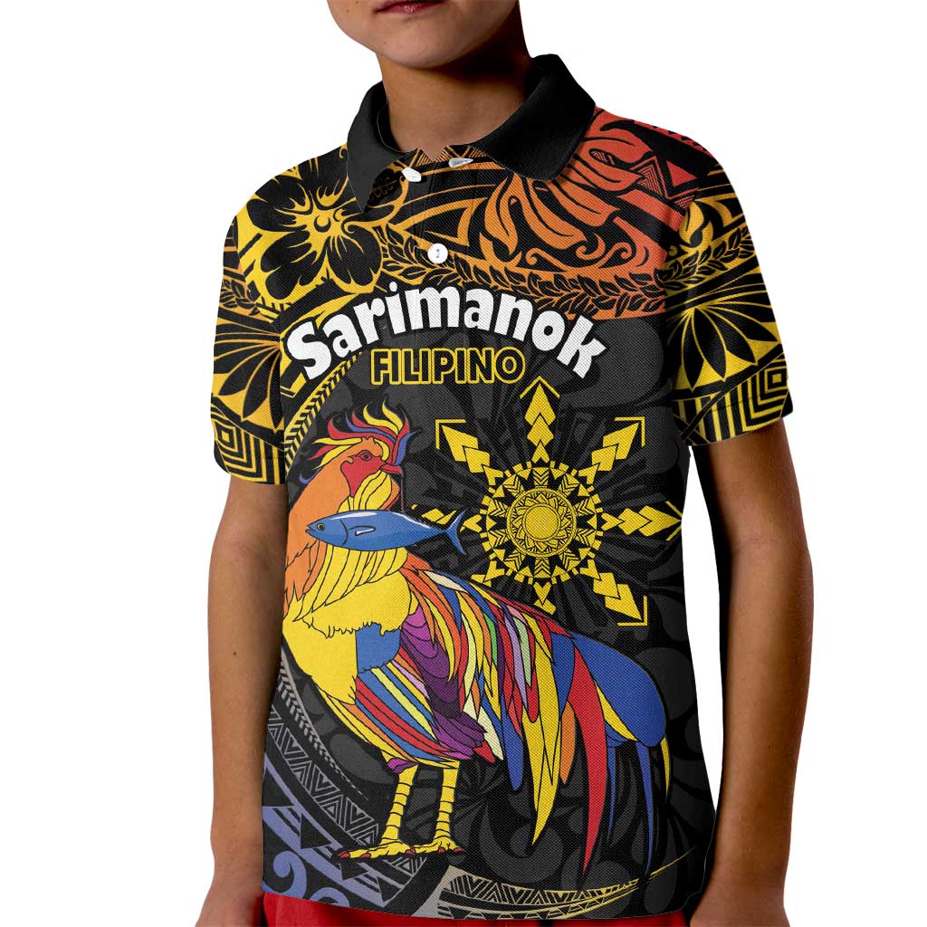 Philippines Sarimanok Kid Polo Shirt Papanok Legendary Bird Okir Polynesian Pattern LT14 Kid Black - Polynesian Pride