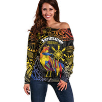 Philippines Sarimanok Off Shoulder Sweater Papanok Legendary Bird Okir Polynesian Pattern LT14 Women Black - Polynesian Pride