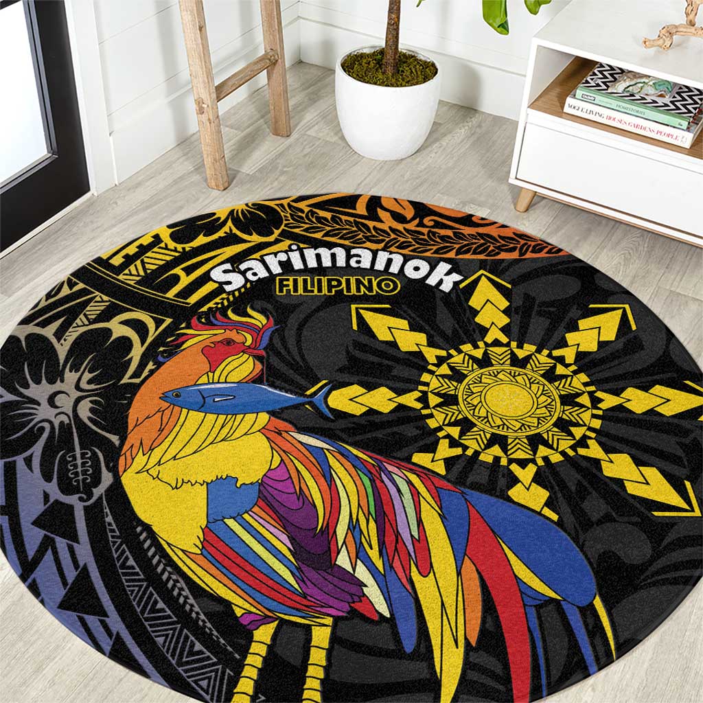 Philippines Sarimanok Round Carpet Papanok Legendary Bird Okir Polynesian Pattern LT14 Black - Polynesian Pride