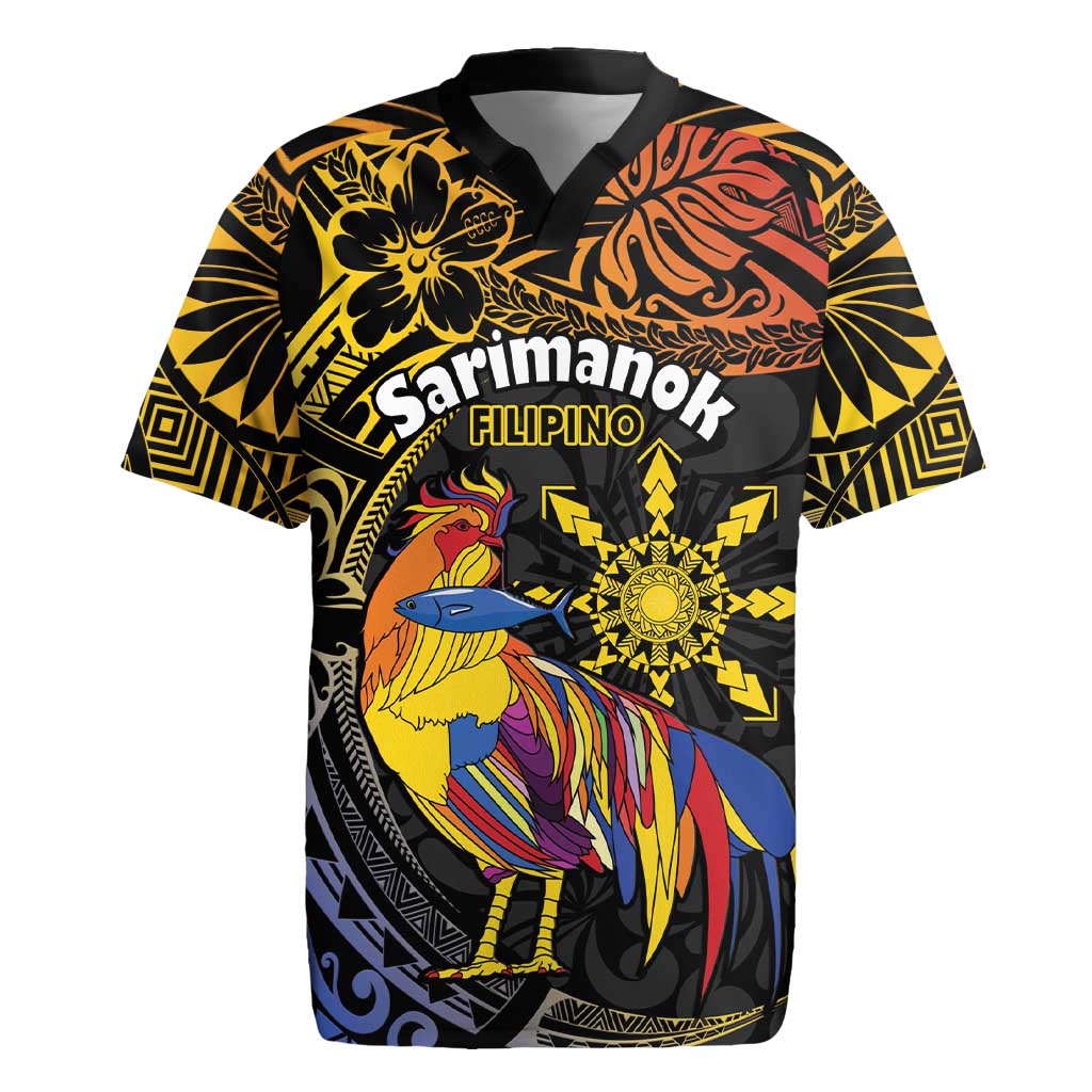 Philippines Sarimanok Rugby Jersey Papanok Legendary Bird Okir Polynesian Pattern LT14 Black - Polynesian Pride