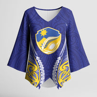 Otago 2026 Rugby Custom Kimono Sleeve Blouse NZ Maori Silver Fern LT14 Female Blue - Polynesian Pride