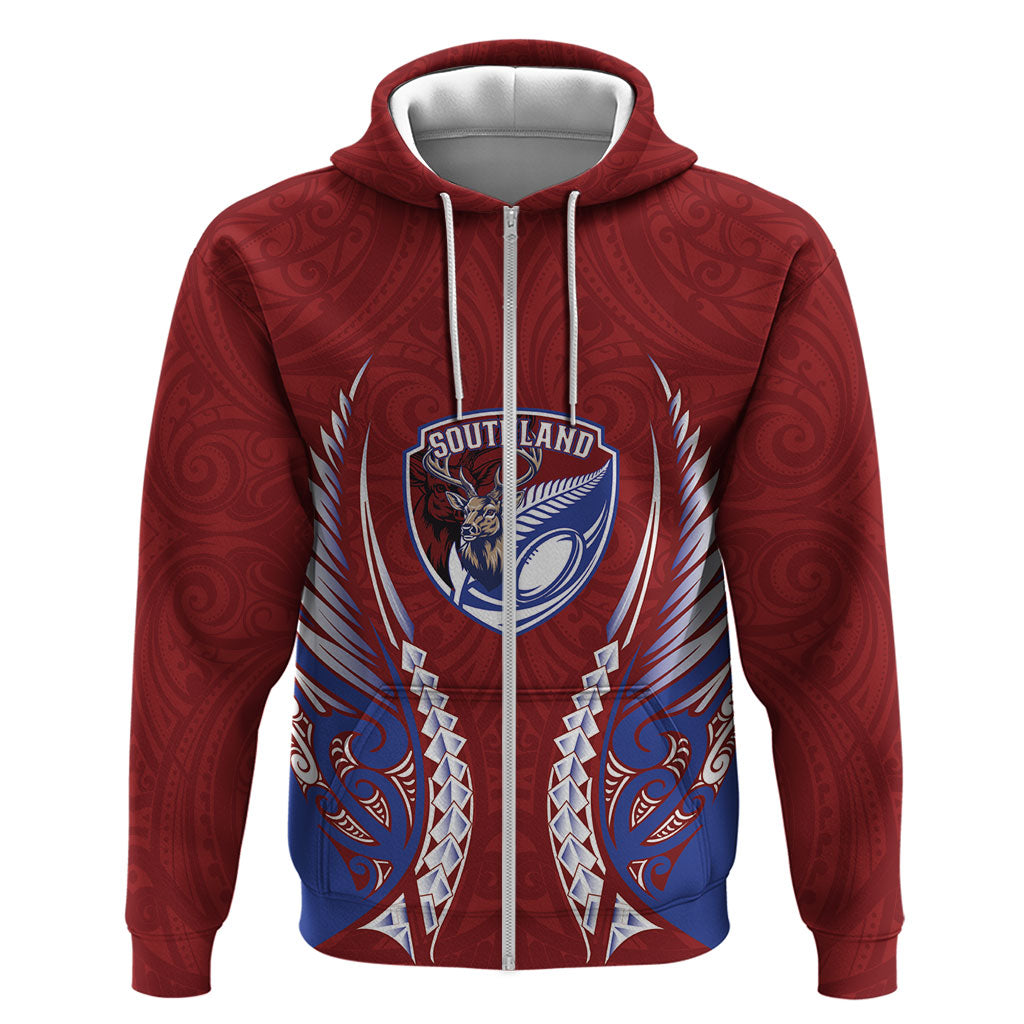 Southland 2026 Rugby Custom Hoodie NZ Maori Silver Fern LT14 Zip Hoodie Maroon - Polynesian Pride