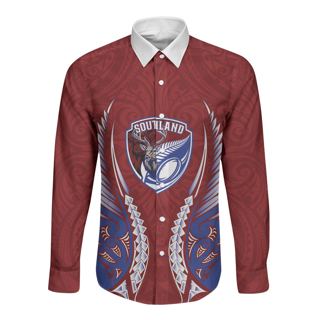 Southland 2026 Rugby Custom Long Sleeve Button Shirt NZ Maori Silver Fern LT14 Unisex Maroon - Polynesian Pride