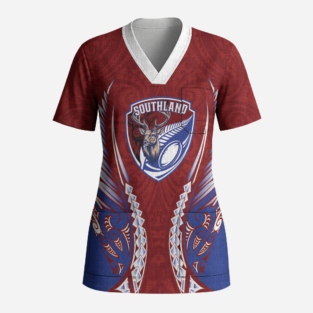 Southland 2026 Rugby Custom Scrub Top NZ Maori Silver Fern LT14 Adult Maroon - Polynesian Pride