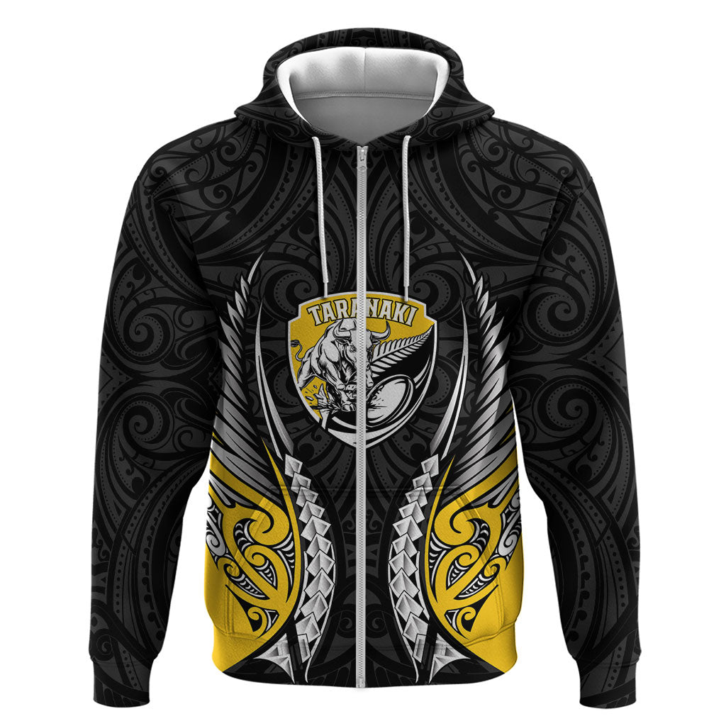 Taranaki 2026 Rugby Custom Hoodie NZ Maori Silver Fern LT14 Zip Hoodie Black - Polynesian Pride