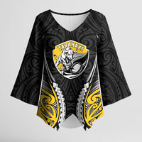 Taranaki 2026 Rugby Custom Kimono Sleeve Blouse NZ Maori Silver Fern LT14 Female Black - Polynesian Pride