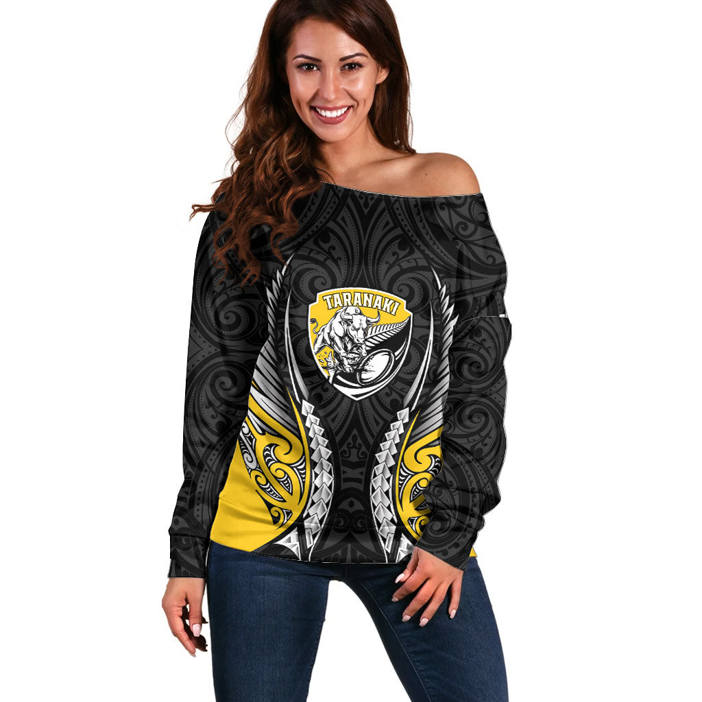 Taranaki 2026 Rugby Custom Off Shoulder Sweater NZ Maori Silver Fern LT14 Women Black - Polynesian Pride