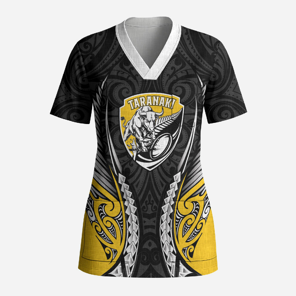 Taranaki 2026 Rugby Custom Scrub Top NZ Maori Silver Fern LT14 Adult Black - Polynesian Pride
