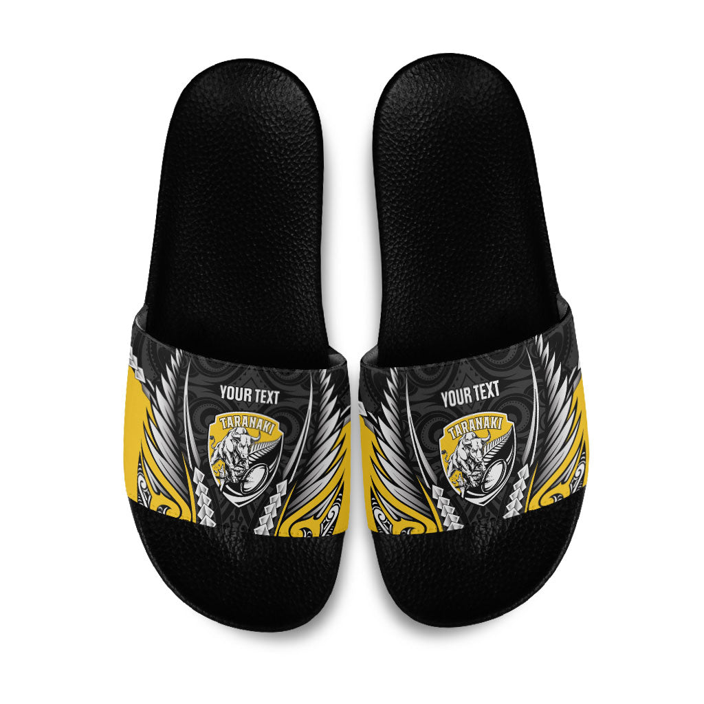 Taranaki 2026 Rugby Custom Slide Sandals NZ Maori Silver Fern LT14 Black - Polynesian Pride