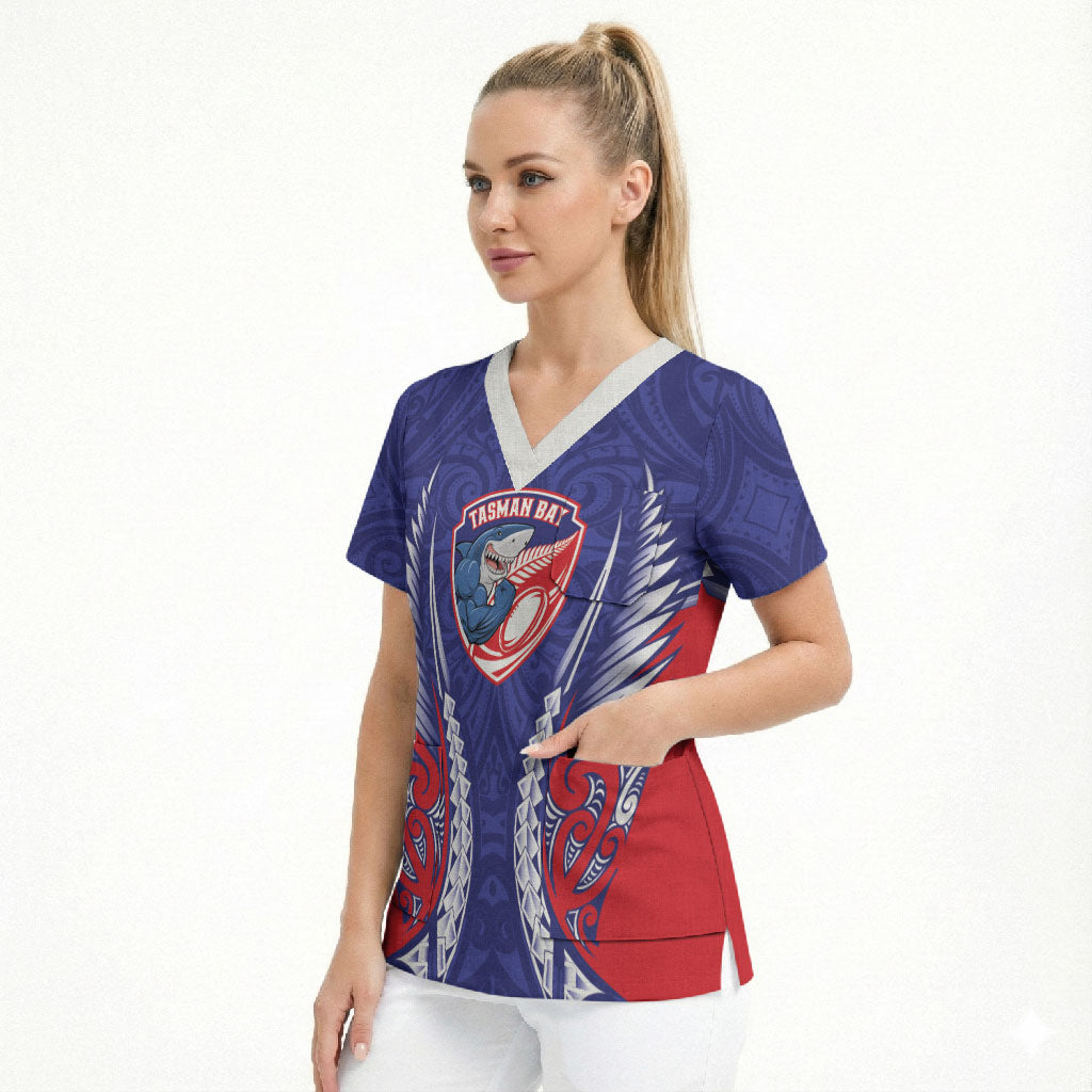 Tasman Bay 2026 Rugby Custom Scrub Top NZ Maori Silver Fern LT14 - Polynesian Pride