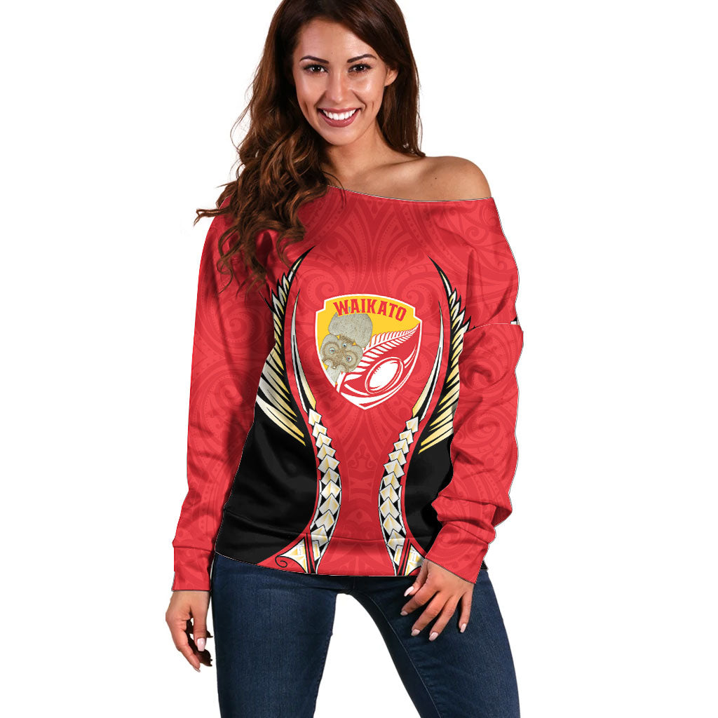 Waikato 2026 Rugby Custom Off Shoulder Sweater NZ Maori Silver Fern LT14 Women Red - Polynesian Pride