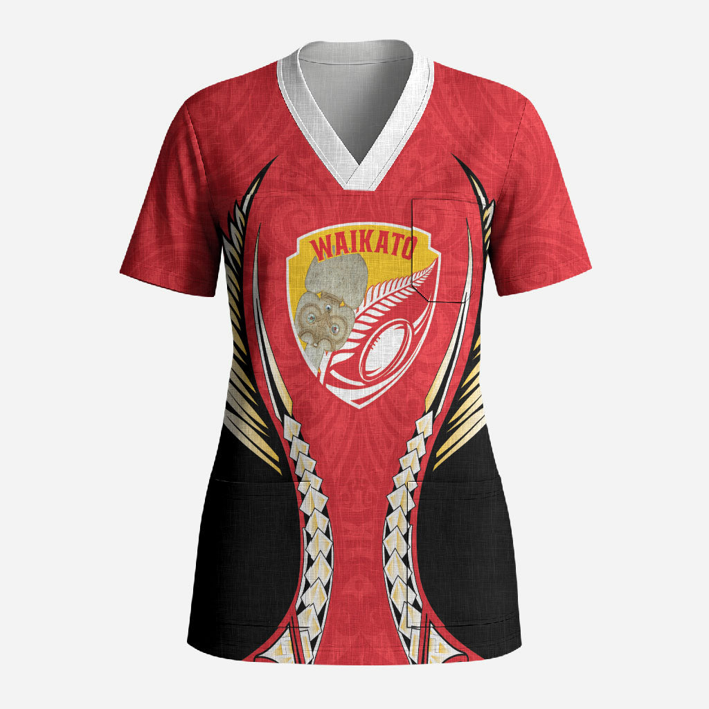 Waikato 2026 Rugby Custom Scrub Top NZ Maori Silver Fern LT14 Adult Red - Polynesian Pride