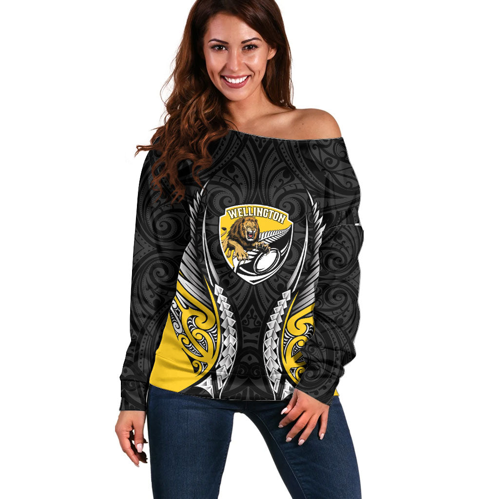 Wellington 2026 Rugby Custom Off Shoulder Sweater NZ Maori Silver Fern LT14 Women Black - Polynesian Pride