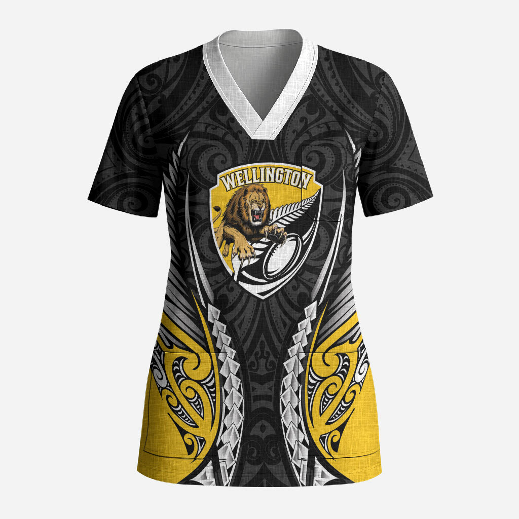 Wellington 2026 Rugby Custom Scrub Top NZ Maori Silver Fern LT14 Adult Black - Polynesian Pride