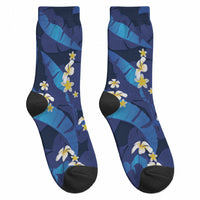 Teal Purple Banana Leaf Hawaii Crew Socks Lau Maia Plumeria Tropical Summer Vibes LT14 - Polynesian Pride