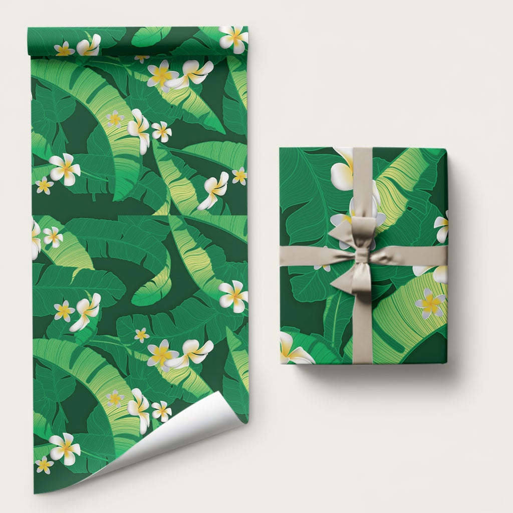 Green Banana Leaf Hawaii Wrapping Paper Lau Maia Plumeria Tropical Summer Vibes LT14 58" × 23" Green - Polynesian Pride