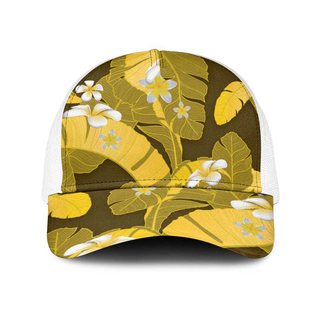 Yellow Banana Leaf Hawaii Mesh Trucker Cap Lau Maia Plumeria Tropical Summer Vibes LT14 One Size White Yellow - Polynesian Pride