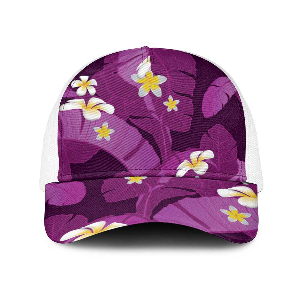 Purple Banana Leaf Hawaii Mesh Trucker Cap Lau Maia Plumeria Tropical Summer Vibes LT14 One Size White Purple - Polynesian Pride