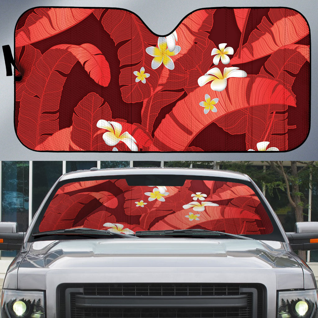 Red Banana Leaf Hawaii Auto Sun Shade Lau Maia Plumeria Tropical Summer Vibes LT14 Red - Polynesian Pride