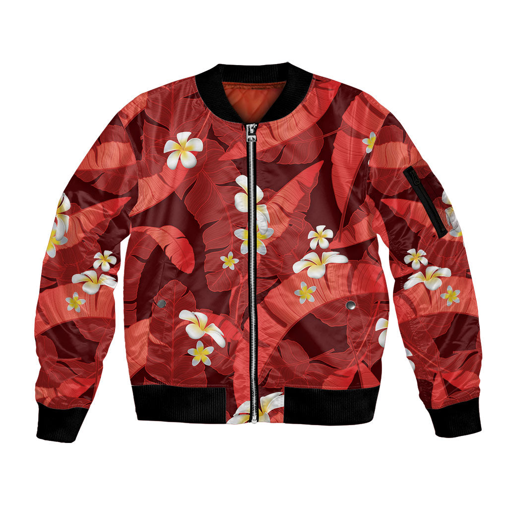 Red Banana Leaf Hawaii Sleeve Zip Bomber Jacket Lau Maia Plumeria Tropical Summer Vibes LT14 Unisex Red - Polynesian Pride