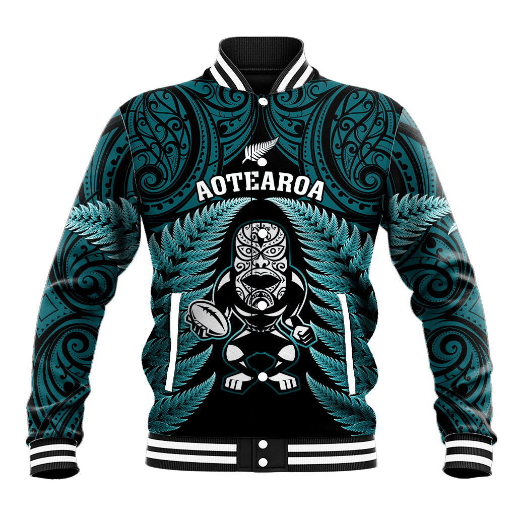 New Zealand Aotearoa Rugby Baseball Jacket NZ Tiki With Maori Fern World Cup Turquoise Version LT14 Unisex Turquoise - Polynesian Pride