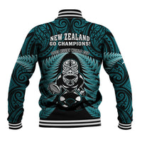 New Zealand Aotearoa Rugby Baseball Jacket NZ Tiki With Maori Fern World Cup Turquoise Version LT14 - Polynesian Pride