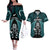 New Zealand Aotearoa Rugby Couples Matching Off The Shoulder Long Sleeve Dress and Hawaiian Shirt NZ Tiki With Maori Fern World Cup Turquoise Version LT14 Turquoise - Polynesian Pride