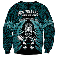 New Zealand Aotearoa Rugby Sweatshirt NZ Tiki With Maori Fern World Cup Turquoise Version LT14 - Polynesian Pride
