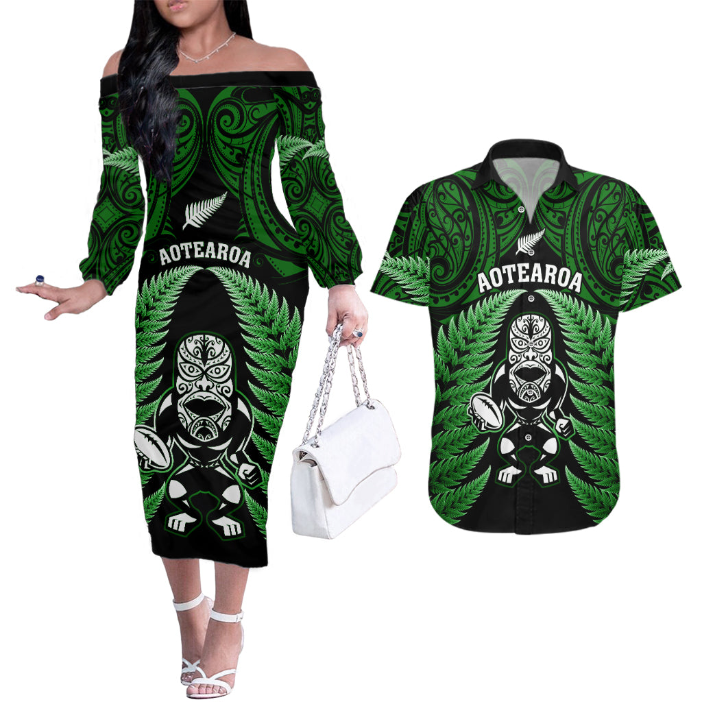 New Zealand Aotearoa Rugby Couples Matching Off The Shoulder Long Sleeve Dress and Hawaiian Shirt NZ Tiki With Maori Fern World Cup Green Version LT14 Green - Polynesian Pride