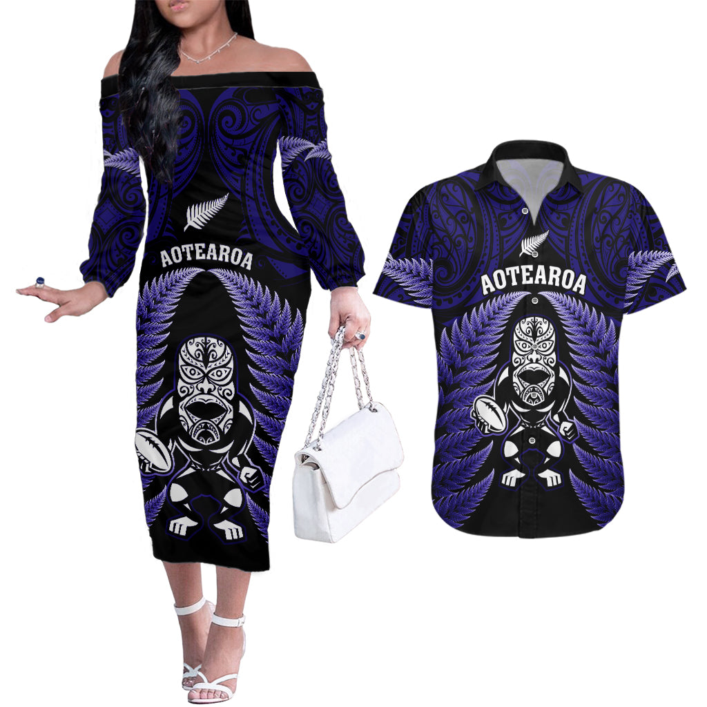 New Zealand Aotearoa Rugby Couples Matching Off The Shoulder Long Sleeve Dress and Hawaiian Shirt NZ Tiki With Maori Fern World Cup Blue Version LT14 Blue - Polynesian Pride