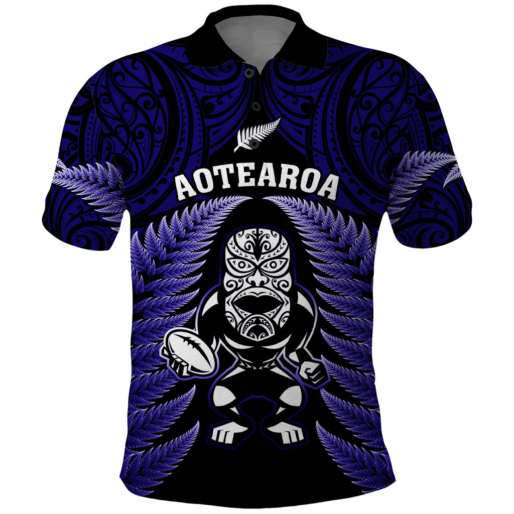 New Zealand Aotearoa Rugby Polo Shirt NZ Tiki With Maori Fern World Cup Blue Version LT14 Blue - Polynesian Pride