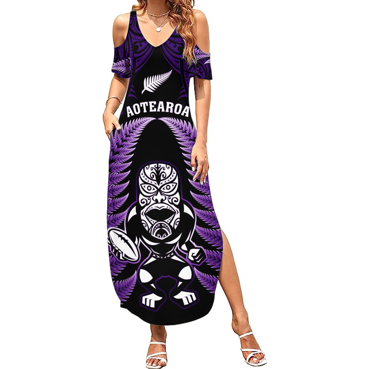 New Zealand Aotearoa Rugby Summer Maxi Dress NZ Tiki With Maori Fern World Cup Purple Version LT14 Women Purple - Polynesian Pride