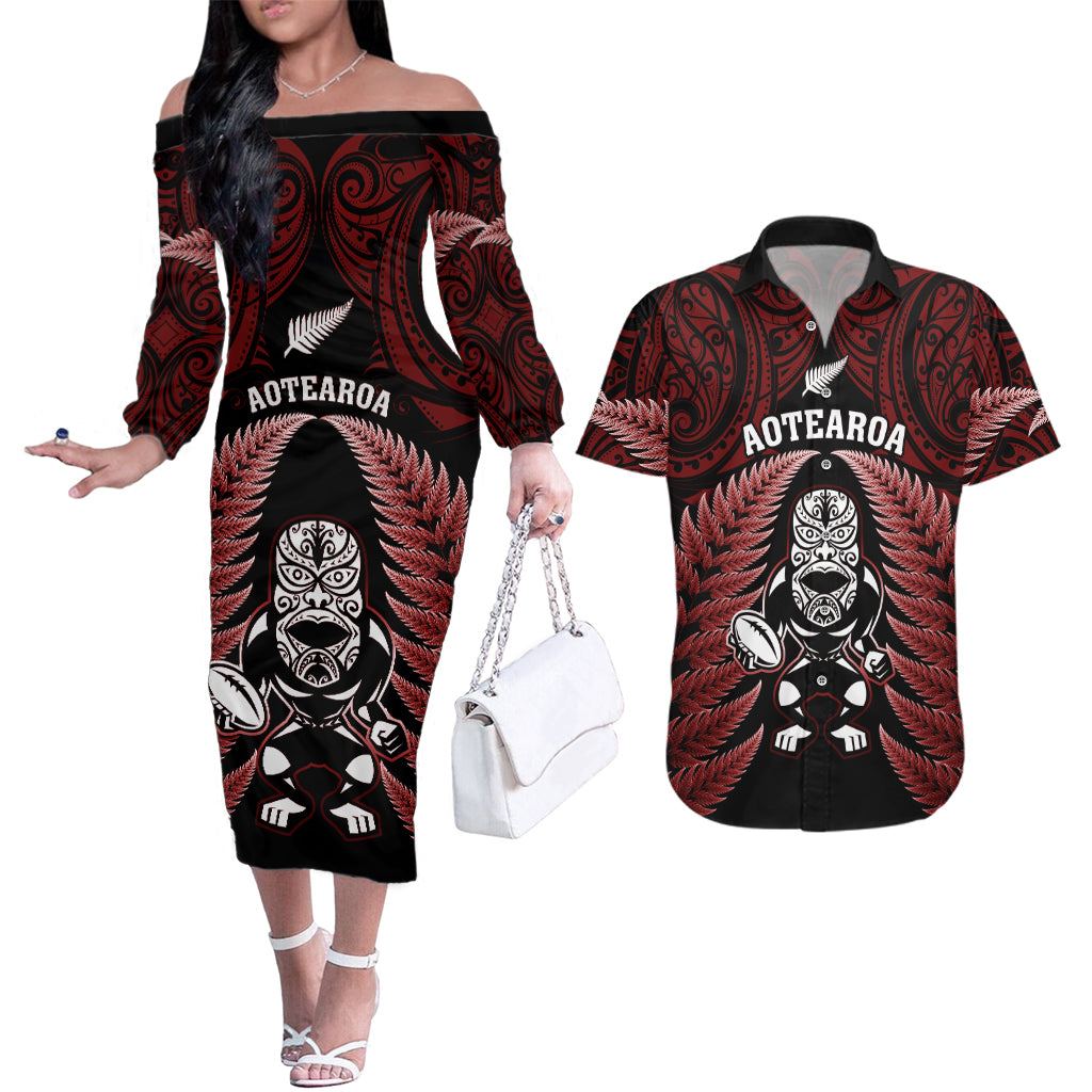 New Zealand Aotearoa Rugby Couples Matching Off The Shoulder Long Sleeve Dress and Hawaiian Shirt NZ Tiki With Maori Fern World Cup Red Version LT14 Red - Polynesian Pride