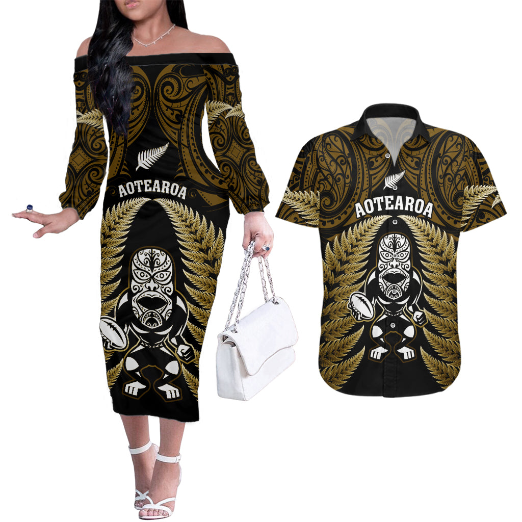 New Zealand Aotearoa Rugby Couples Matching Off The Shoulder Long Sleeve Dress and Hawaiian Shirt NZ Tiki With Maori Fern World Cup Gold Version LT14 Gold - Polynesian Pride