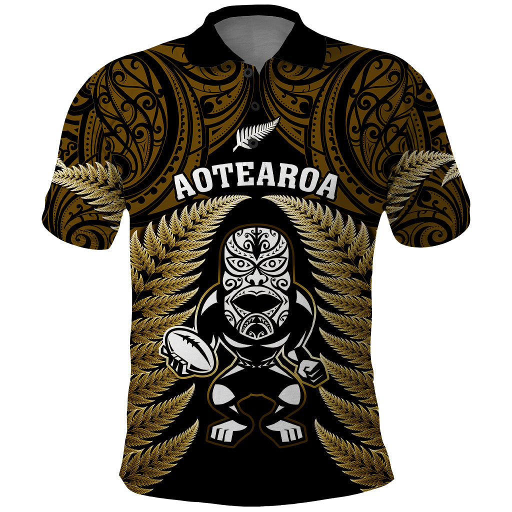 New Zealand Aotearoa Rugby Polo Shirt NZ Tiki With Maori Fern World Cup Gold Version LT14 Gold - Polynesian Pride