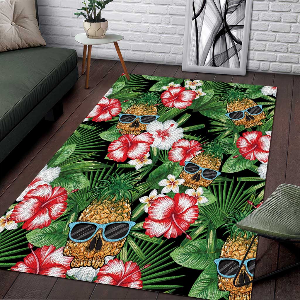 Pineapple Skull Aloha Hawaii Area Rug Summer Vibes Tropical Seamless Pattern LT14 Black - Polynesian Pride