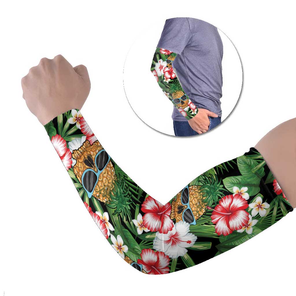 Pineapple Skull Aloha Hawaii Arm Sleeves Summer Vibes Tropical Seamless Pattern LT14 Set of 2 Black - Polynesian Pride