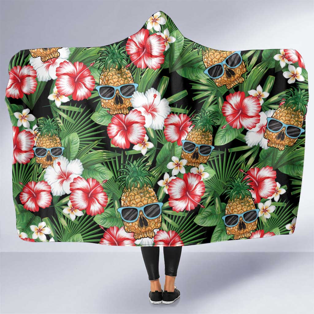 Pineapple Skull Aloha Hawaii Hooded Blanket Summer Vibes Tropical Seamless Pattern LT14 One Size Black - Polynesian Pride