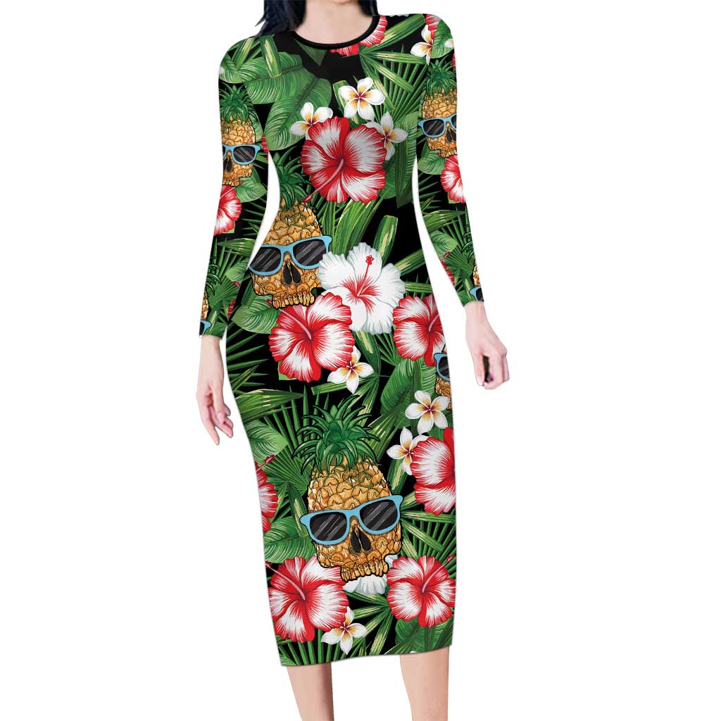 Pineapple Skull Aloha Hawaii Long Sleeve Bodycon Dress Summer Vibes Tropical Seamless Pattern LT14 Long Dress Black - Polynesian Pride